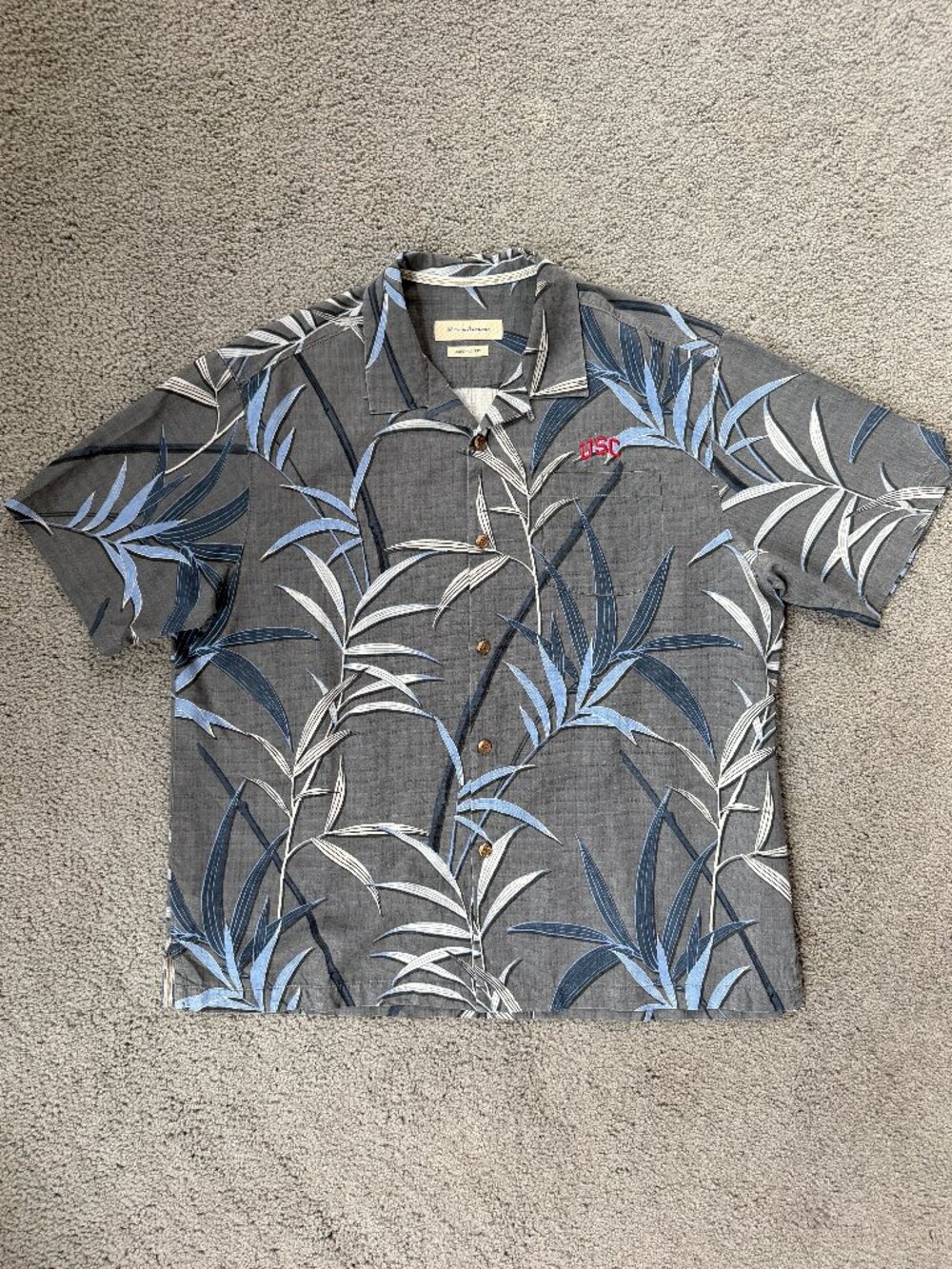 Tommy Bahama USC Trojans Silk Hawaiian Camp Shirt Gray Bamboo Palms Mens XL
